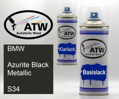 BMW, Azurite Black Metallic, S34: 400ml Sprühdose + 400ml Klarlack - Set, von ATW Autoteile West.